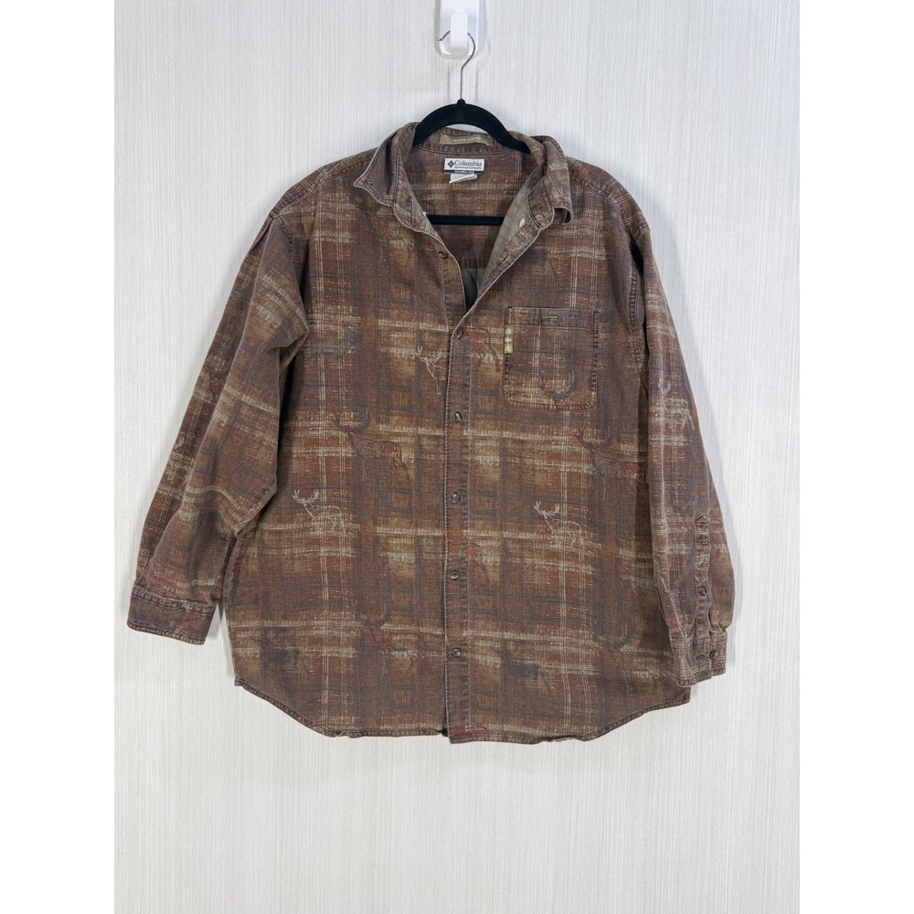 Columbia River Lodge Mens XL Brown Plaid Deer Buck Cotton Button Down HM7105